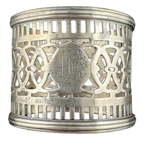 Antique Silver Mystery Initial Openwork Napkin Ring with Patina Charm (15g) - Picture 1 of 4